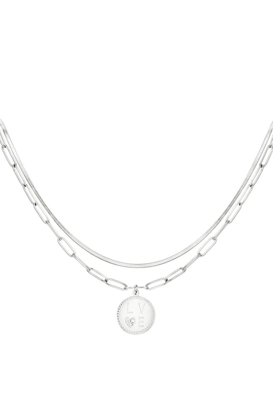 Edelstahl Kette mit Love und Stein Verzierung in Silber